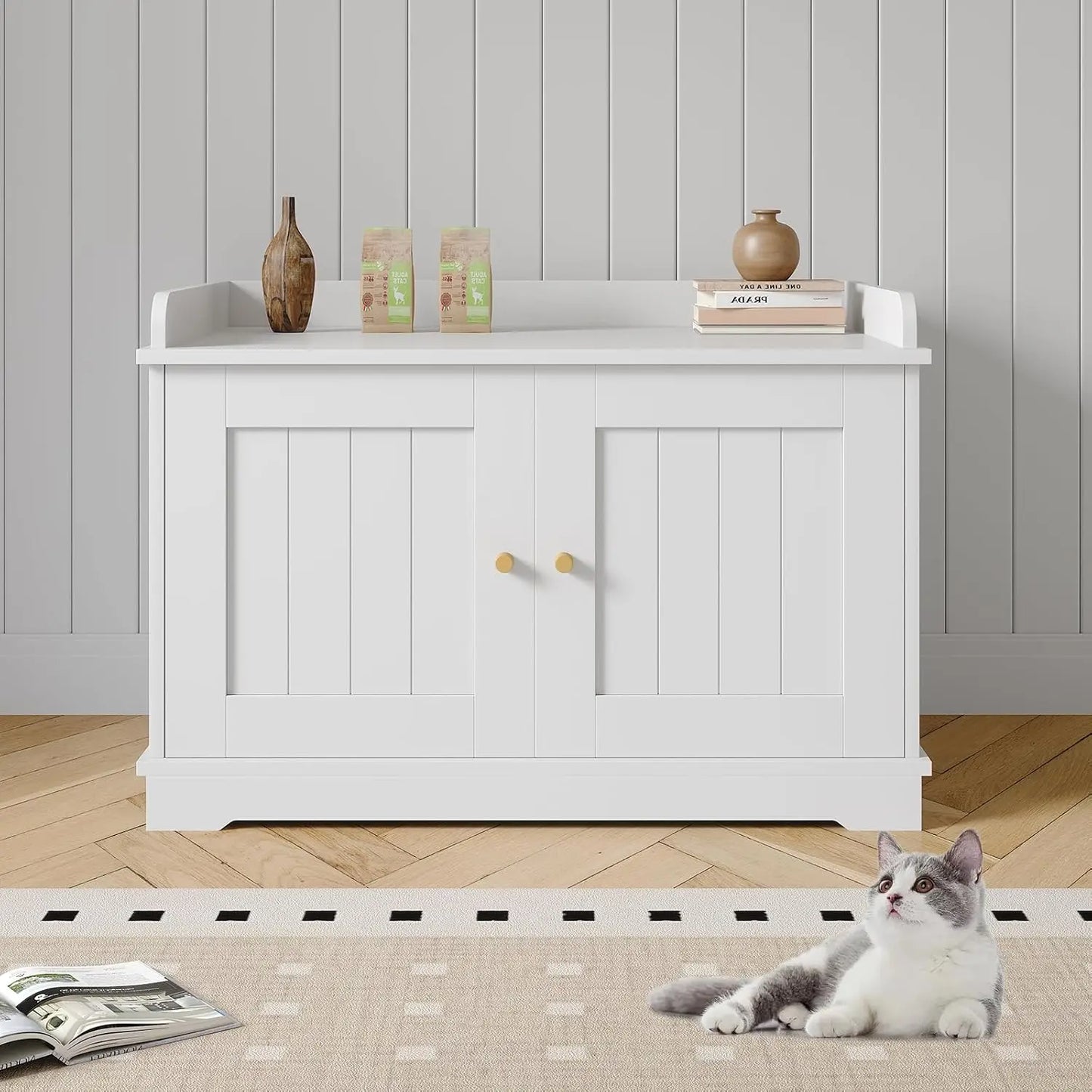 Modern Barn Door Cat Litter Box Enclosure Cabinet – Hidden Wooden Cat Washroom Furniture Large Indoor Pet House End Table