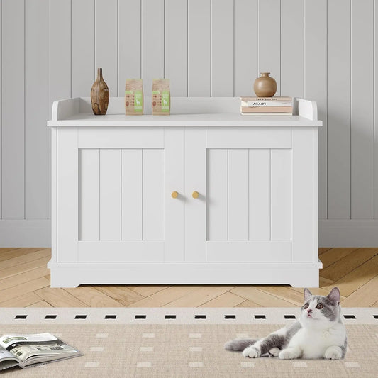 Modern Barn Door Cat Litter Box Enclosure Cabinet – Hidden Wooden Cat Washroom Furniture Large Indoor Pet House End Table