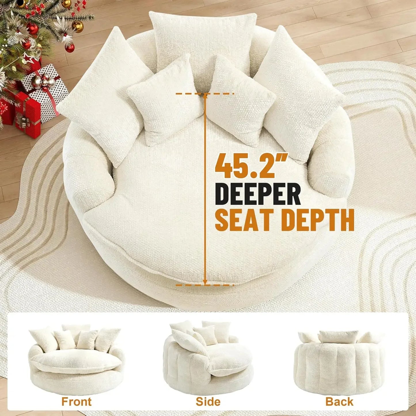 54.3” Round Chaise Lounge Chair Indoor, Modern Upholstered Boneless Couch with 5 Throw Pillows and Deep Seat,, Customized