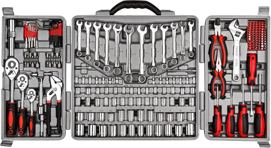 205 Piece Ratchet Wrench Tool Set 1/4" & 3/8" & 1/2" Drive with SAE/Metric Sockets Kit in Plastic Toolbox
