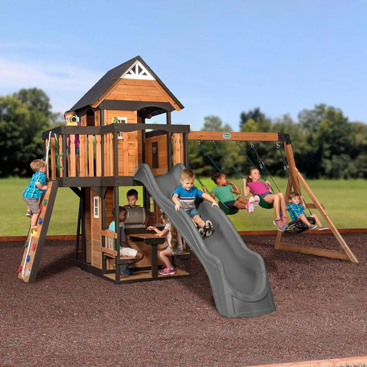 Cedar Wood Swing Set with Wave Slide, Clubhouse, Play Kitchen, Picnic Area, Belt Swings, Web Swing, Rock Wall,