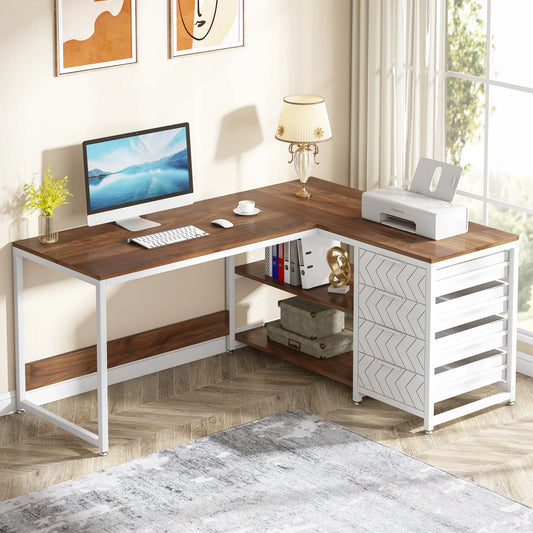 L Shaped Computer Desk with Storage Drawers And Shelves, Reversible
