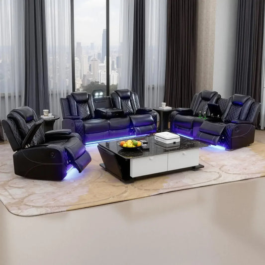 Living Room Set, Electric Recliner Chair with LED Light, Sectional Sofa Loveseat with Wireless Charging