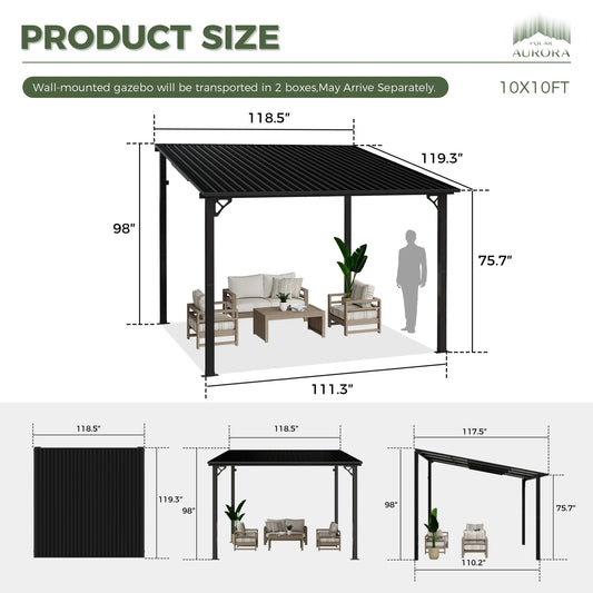 10x10/10x12/10x14FT Lean to Gazebo with Galvanized Steel Roof, Wall-Mounted Outdoor Pergola for Patio, Backyard