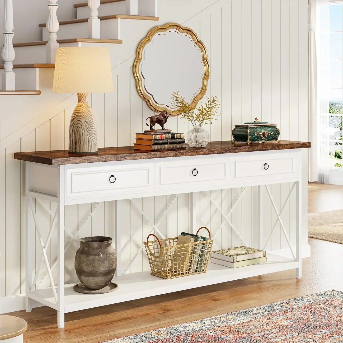 70.8" Console Table with 3 Drawers, Farmhouse Entryway Table with Storage Shelf, Narrow Long Sofa Foyer Table for Entryway
