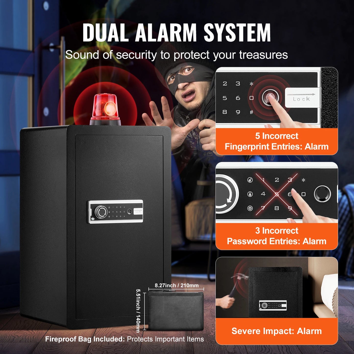 Single/Double Door Safe Box with Key Lock Password & Fingerprint Safe Lock Box with Fireproof Bag Key Rack & LED Light