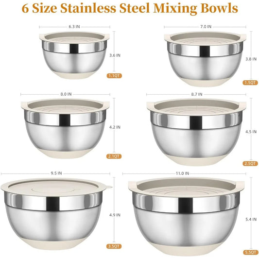 6-Piece Stainless Steel Mixing Bowls with Lids, 3 Graters & Non-Slip Bottoms, Nesting Storage Set for Kitchen (5.5-1.1 QT)