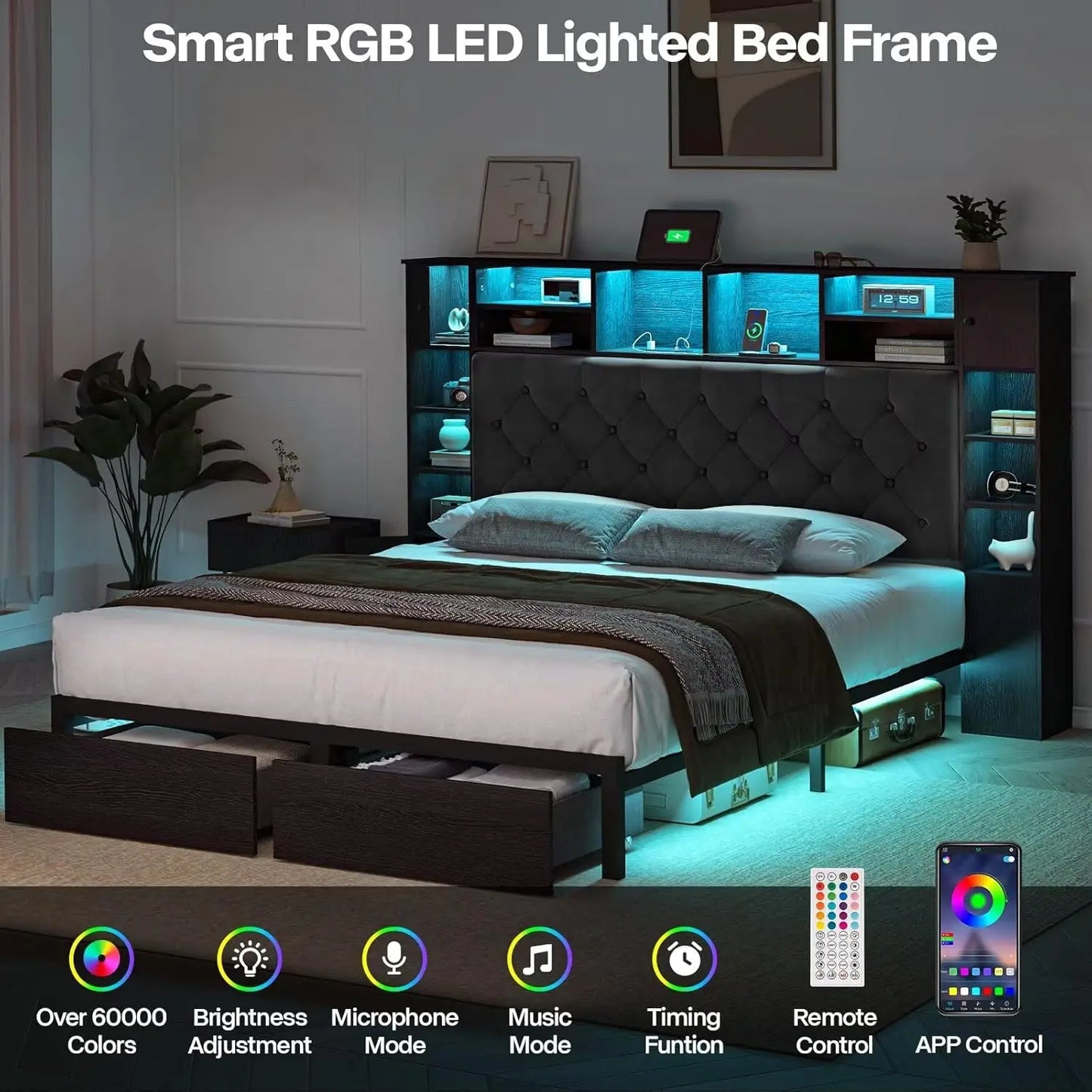 Queen Bed Frame with Bookcase Headboard and Storage Drawers, Metal Platform Queen Size Bed Frame , Black