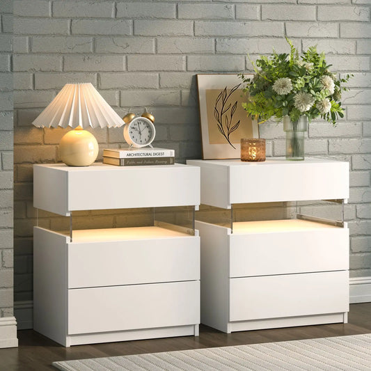 Bedside Tables Set with LED Lighting with 3 Drawers