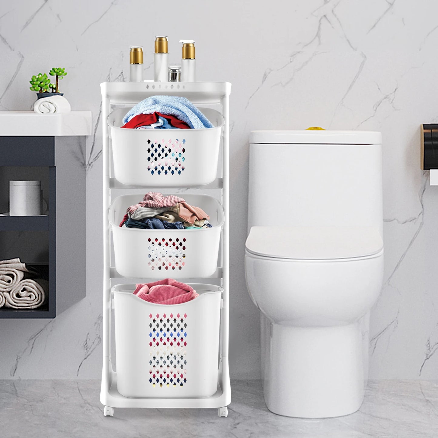 Hollow-Out Laundry Basket with 4 Wheels Multi-Layer Bathroom Storage Rack for Towels Clothes Toiletries