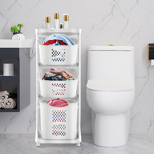 Hollow-Out Laundry Basket with 4 Wheels Multi-Layer Bathroom Storage Rack for Towels Clothes Toiletries