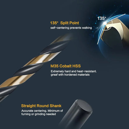 29Pcs Cobalt Drill Bit Set, 135 Degree Tip High Speed Steel with Black and Gold Finish for Stainless Steel, Plastic and Wood