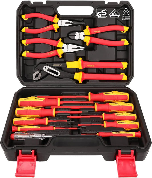 14-Piece Insulated Tool Set: 1000V VDE Certified Screwdrivers & Pliers with Magnetic Tips for Electricians