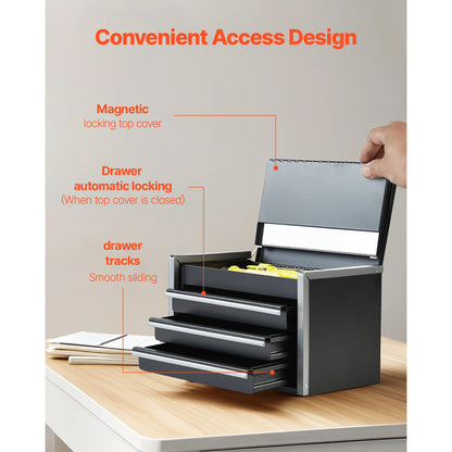 8.6in 3 Drawers Metal Tool Box Portable Tools Chest with Feet Pads & Ball Bearing Powder Coated Tool Storage for Garage