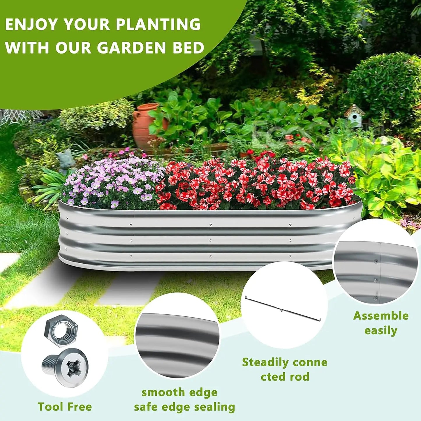 2-Pack Metal Oval Raised Garden Bed, 6x3x1FT Outdoor Planter Box for Vegetables, Easy Assembly & Durable