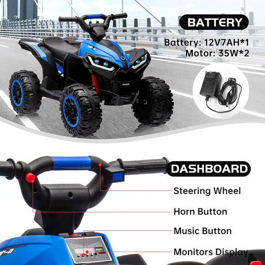 12V electric ATV for kids 35W dual motor 4x4 off-road terrain vehicle with 2 control modes,music,horn,high and low speeds,Lights