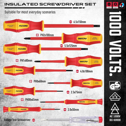 14-Piece Insulated Tool Set: 1000V VDE Certified Screwdrivers & Pliers with Magnetic Tips for Electricians