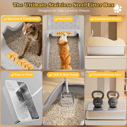 Stainless Steel Cat Litter Box With Lid, XL Metal For Big Cats, Never Absorbs Odors, Non-Sticky, Easy Clean, Anti-Urine Leakage