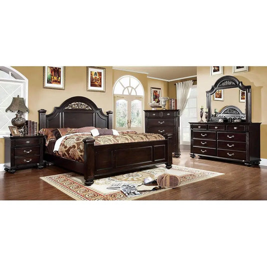 Queen Size, Walnut, 6-Piece Solid Wood Traditional Bedroom Set with Chest, Mirrored Dresser, 2 Nightstands