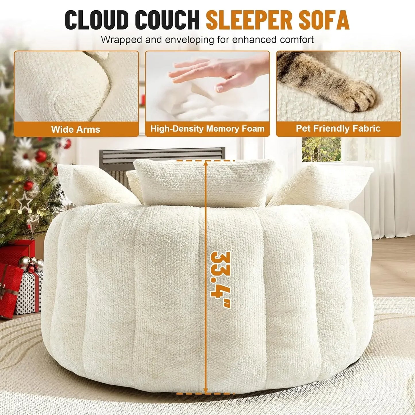 54.3” Round Chaise Lounge Chair Indoor, Modern Upholstered Boneless Couch with 5 Throw Pillows and Deep Seat,, Customized