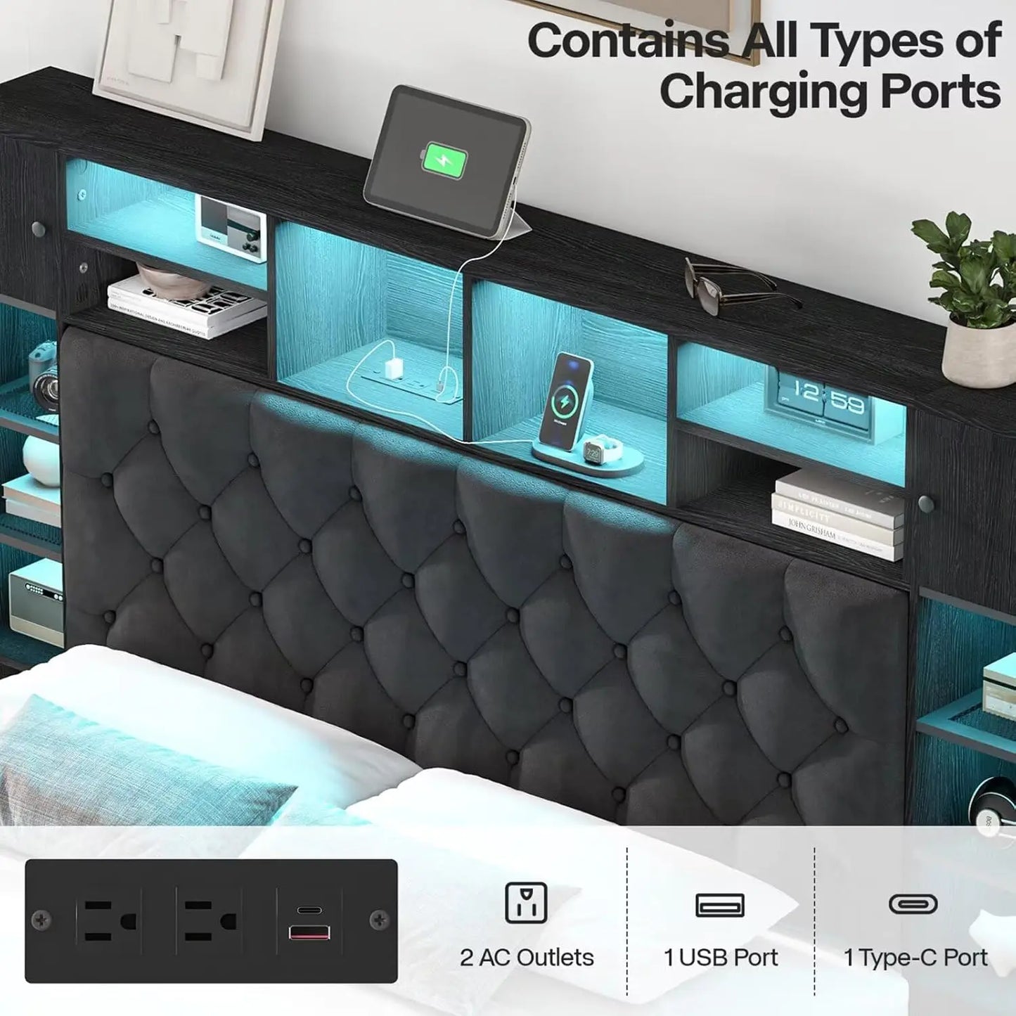 Queen Bed Frame with Bookcase Headboard and Storage Drawers, Metal Platform Queen Size Bed Frame , Black