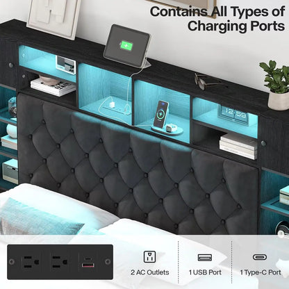 Queen Bed Frame with Bookcase Headboard and Storage Drawers, Metal Platform Queen Size Bed Frame , Black