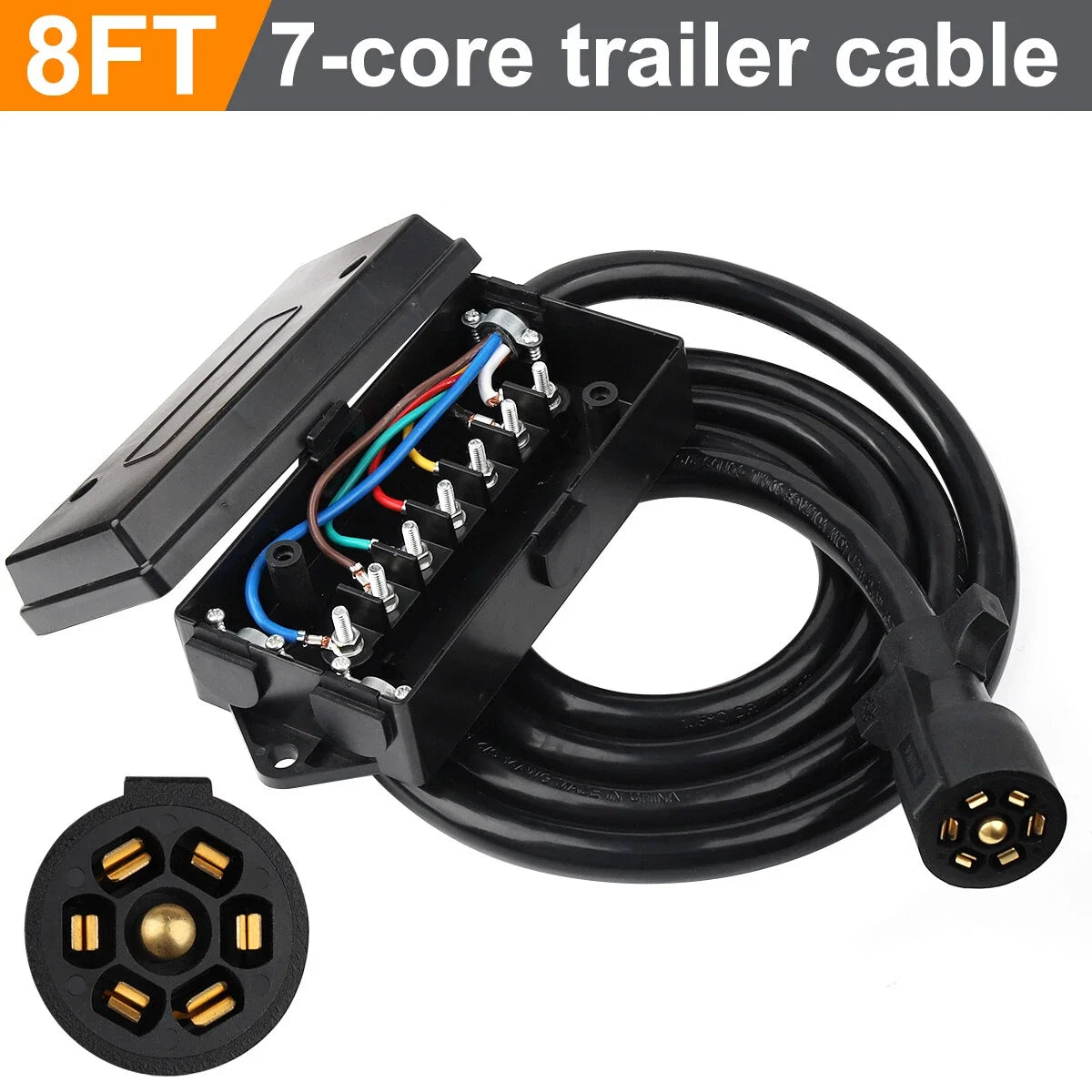 8FT 7Way Trailer Plug Inline Trailer Cord Socket Plug Connector Adaptor Waterproof Trailer Wiring Harness 7Pin Trailer Connector