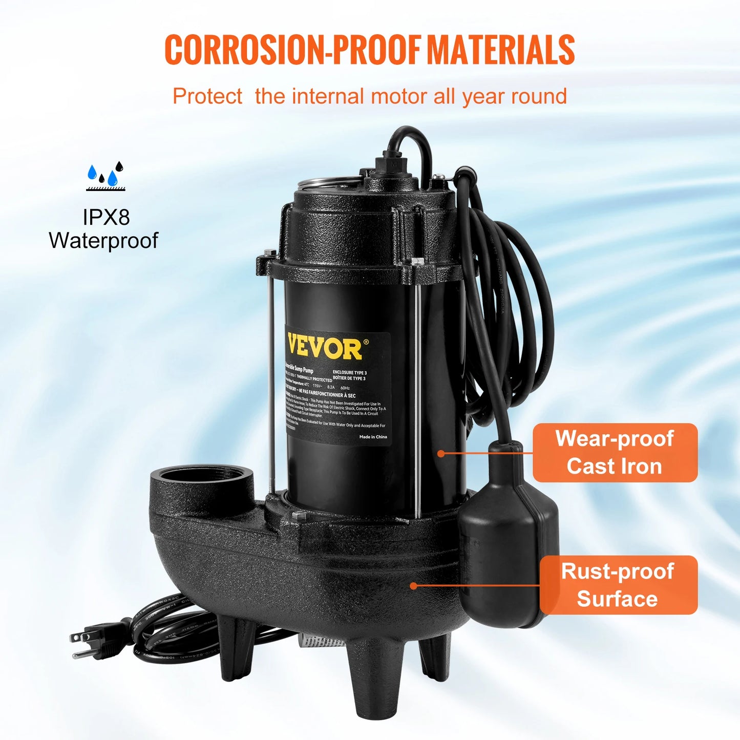 Submersible Sewage Pump 3/4 HP 5880 GPH 1050W Durable Cast Iron, 10 ft Piggy-back Float Switch for Septic Tanks, Basements