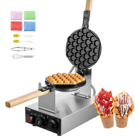 Commercial Egg Bubble Waffle Maker 1400W Non-Stick Stainless Steel Bubble Puff w/180° Rotatable 2 Pans & Wooden Handles