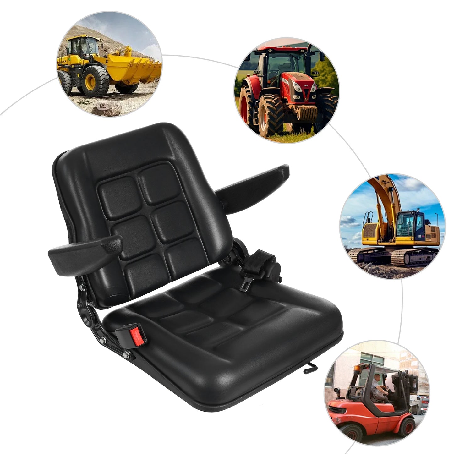 Forklift Seat with Safety Belt and Armrest Tractor Excavator Seat Capacity100kg  Adjustable Angle 35-180°
