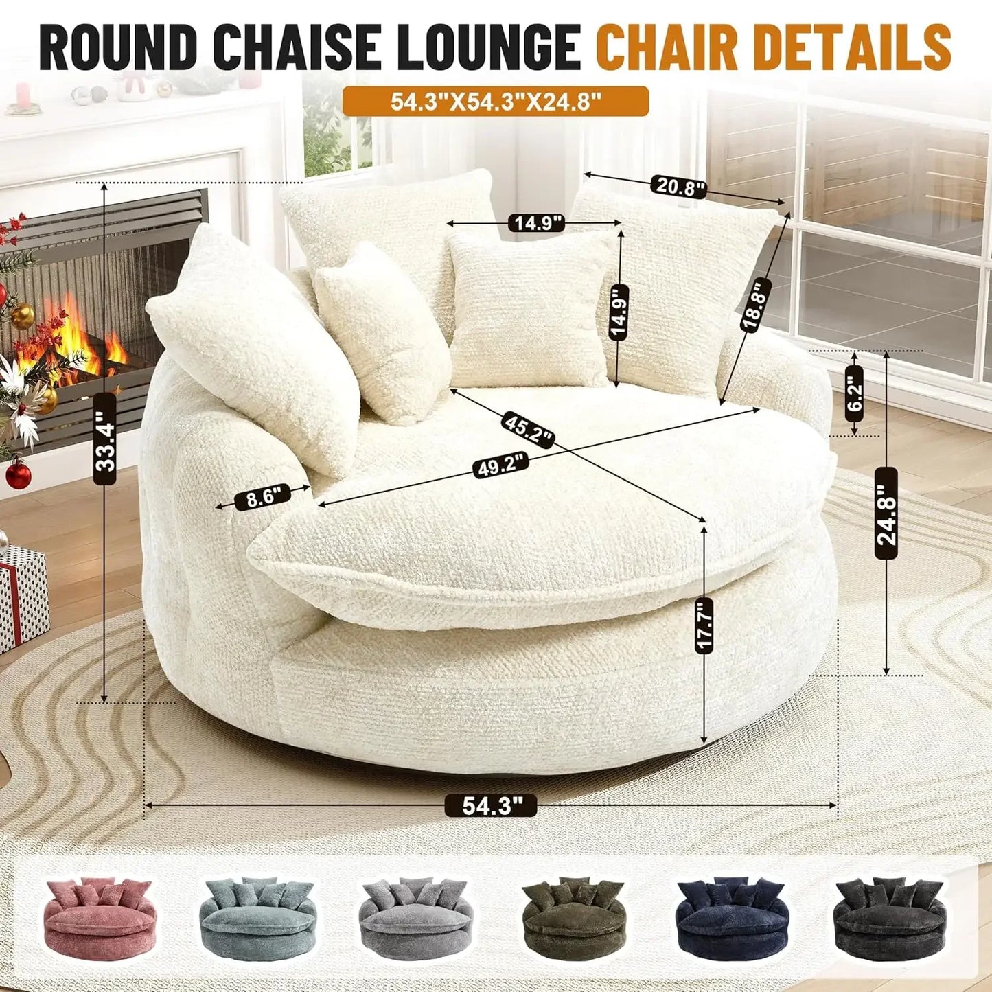 54.3” Round Chaise Lounge Chair Indoor, Modern Upholstered Boneless Couch with 5 Throw Pillows and Deep Seat,, Customized