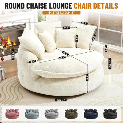 54.3” Round Chaise Lounge Chair Indoor, Modern Upholstered Boneless Couch with 5 Throw Pillows and Deep Seat,, Customized