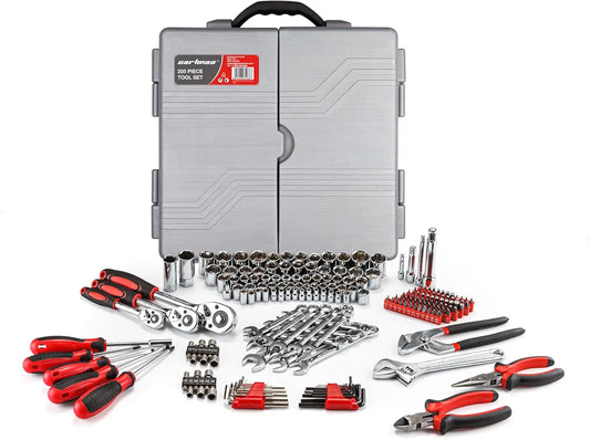 205 Piece Ratchet Wrench Tool Set 1/4" & 3/8" & 1/2" Drive with SAE/Metric Sockets Kit in Plastic Toolbox