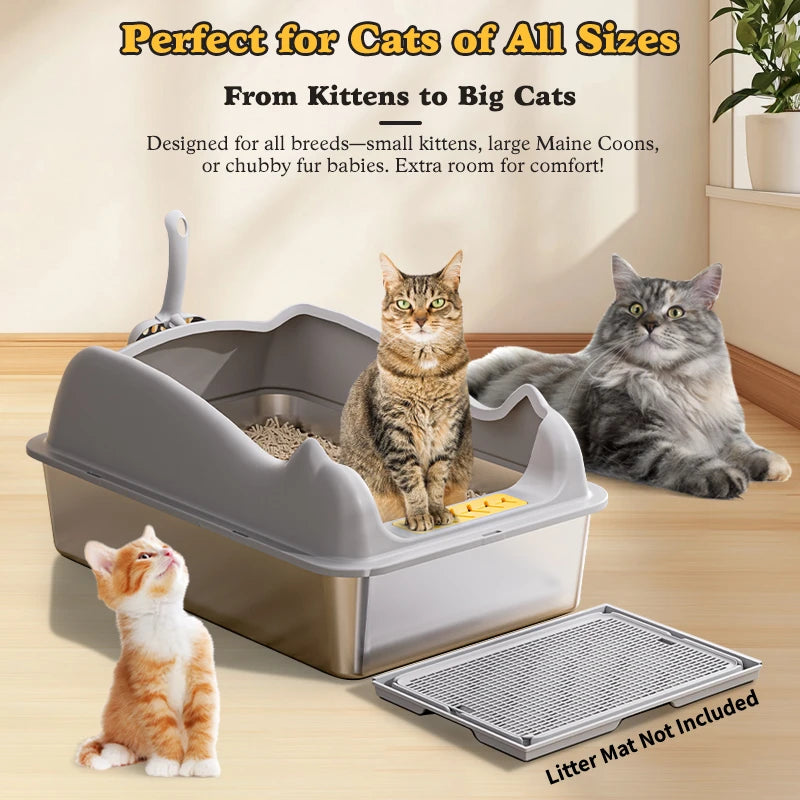Stainless Steel Cat Litter Box With Lid, XL Metal For Big Cats, Never Absorbs Odors, Non-Sticky, Easy Clean, Anti-Urine Leakage