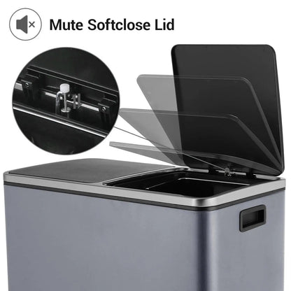 16 Gal Stainless Steel Kitchen Trash Can Dual Recycling Bin Garbage Can with Soft-Close Lid