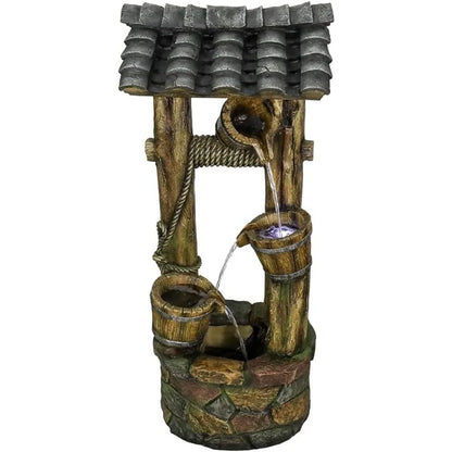 Wishing Well Rustic Outdoor Water Fountain with Buckets, Pump & Lights
