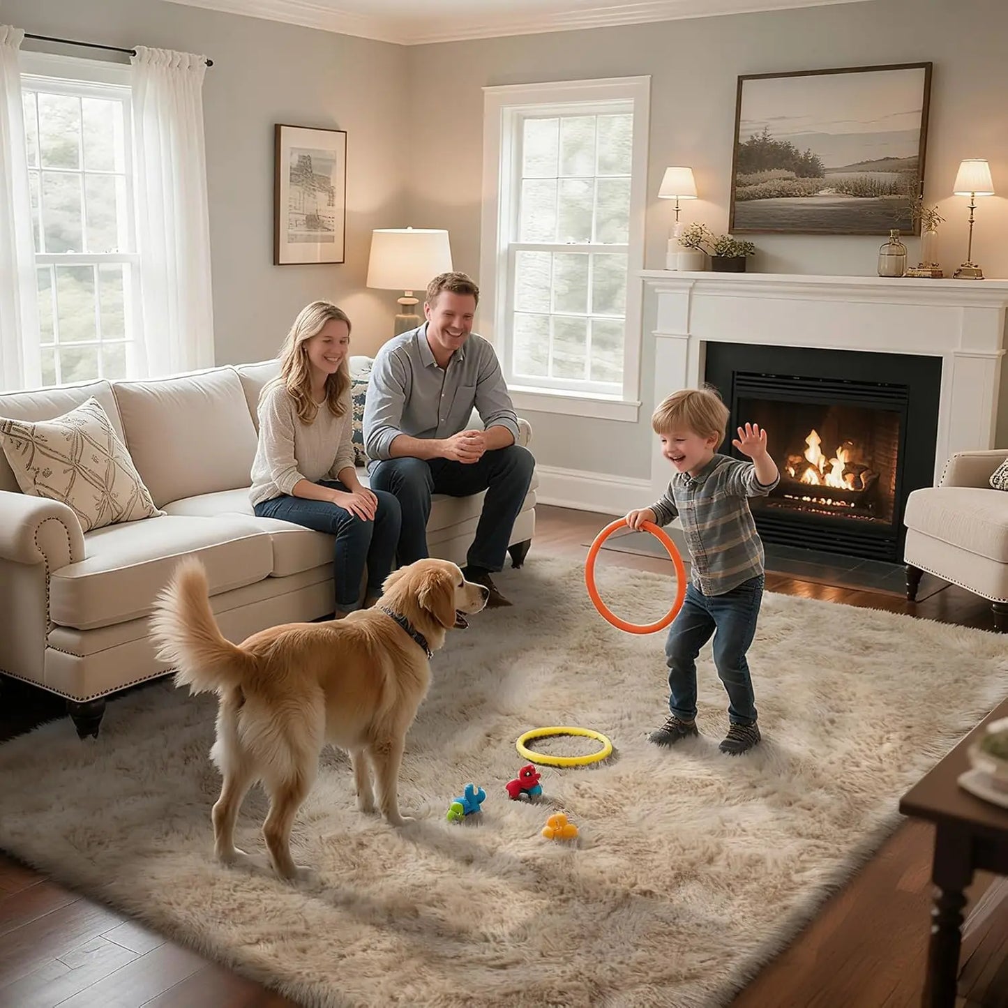 Fluffy Shag Area Rug, Beige, for Living Room, Bedroom, Anti-Skid Soft Home Decor