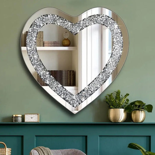 Crystal Crush Diamond Heart Shaped Silver Mirror for Wall Decoration 20x20x1 inch Wall Hang Frameless Mirror Acrylic Diamond Dec