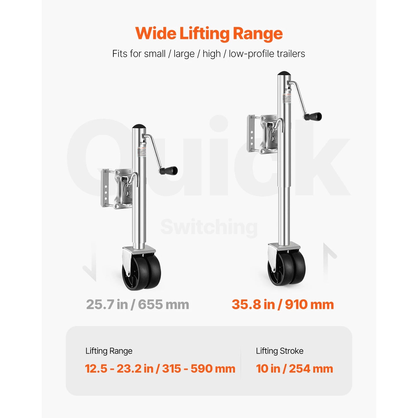 Trailer Jack w/ Wheel 2000lbs Capacity Heavy Duty Swivel Boat Jack w/ PP Single Wheel & Ergonomic Handle 12in Lift for RVs