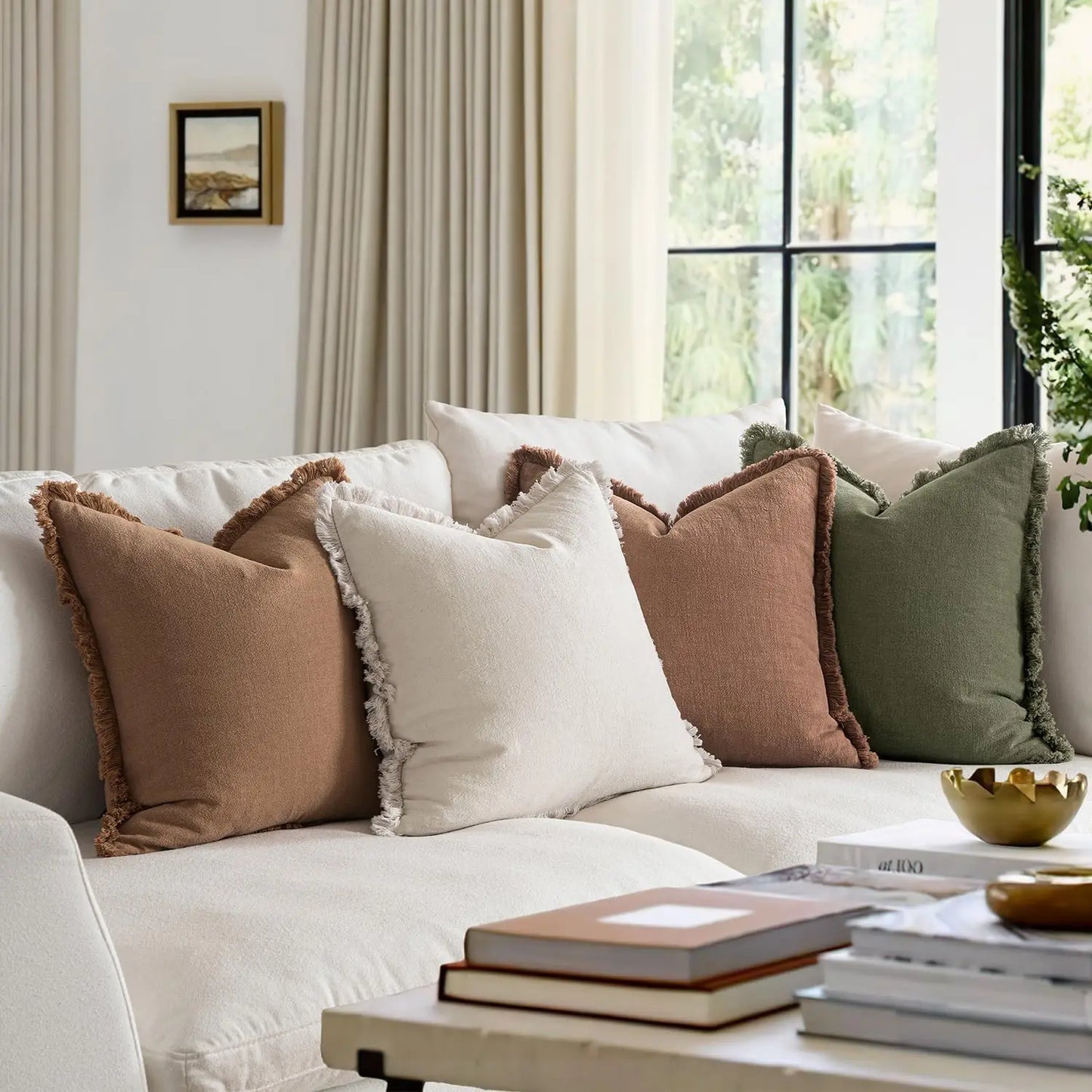 Set of 4 Neutral Linen Fringe Throw Pillows, Soft Rustic Cushions for Sofa