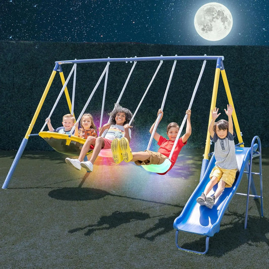 Safe Metal Playset Outdoor Kids Swing Set For Ages 3-8 with LED Swings, Saucer Swing & 5ft Slide