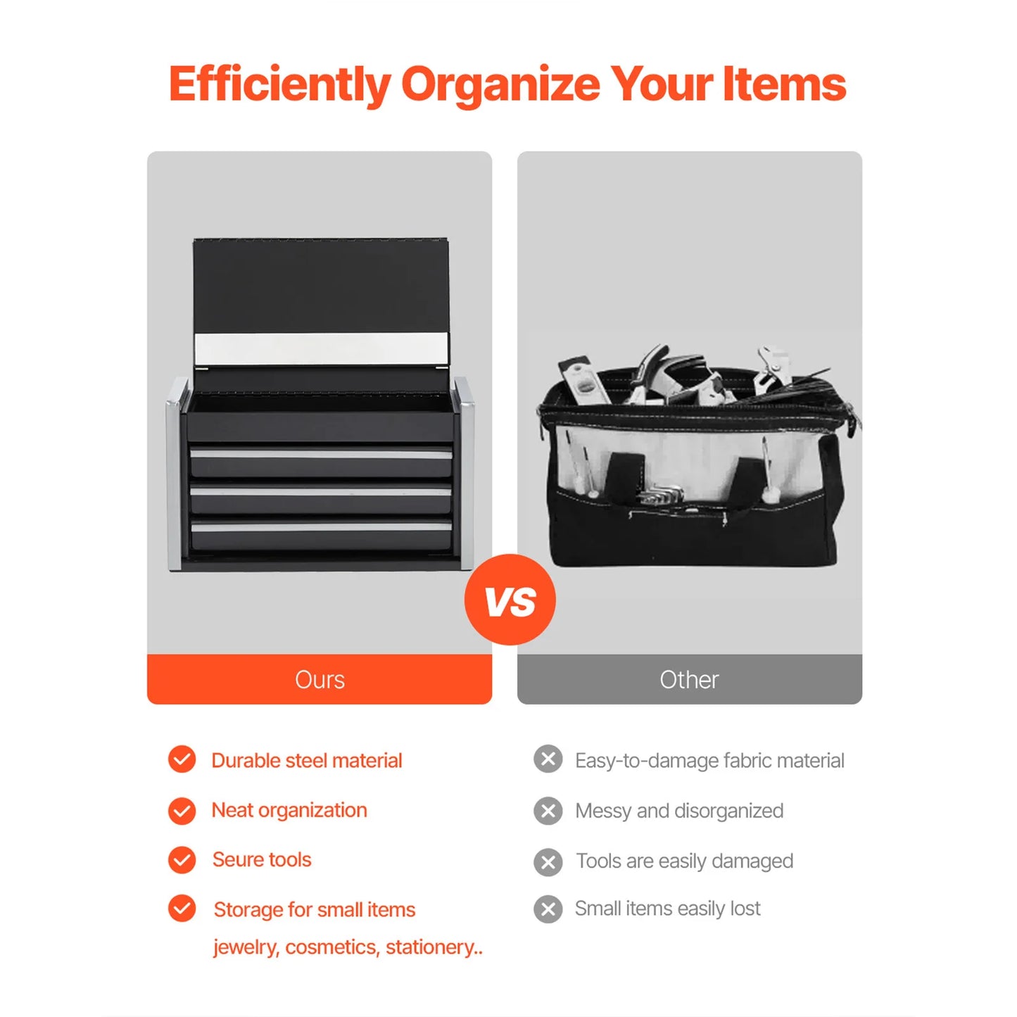 8.6in 3 Drawers Metal Tool Box Portable Tools Chest with Feet Pads & Ball Bearing Powder Coated Tool Storage for Garage