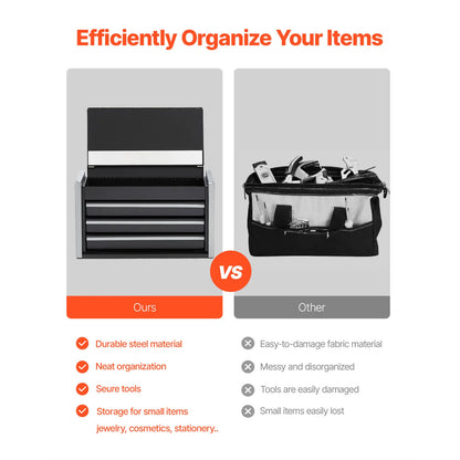 8.6in 3 Drawers Metal Tool Box Portable Tools Chest with Feet Pads & Ball Bearing Powder Coated Tool Storage for Garage