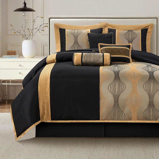 King Comforter Set, Black Gold, 7 Pieces Bed in a Bag, Ultra Soft Jacquard with Solid Piecework