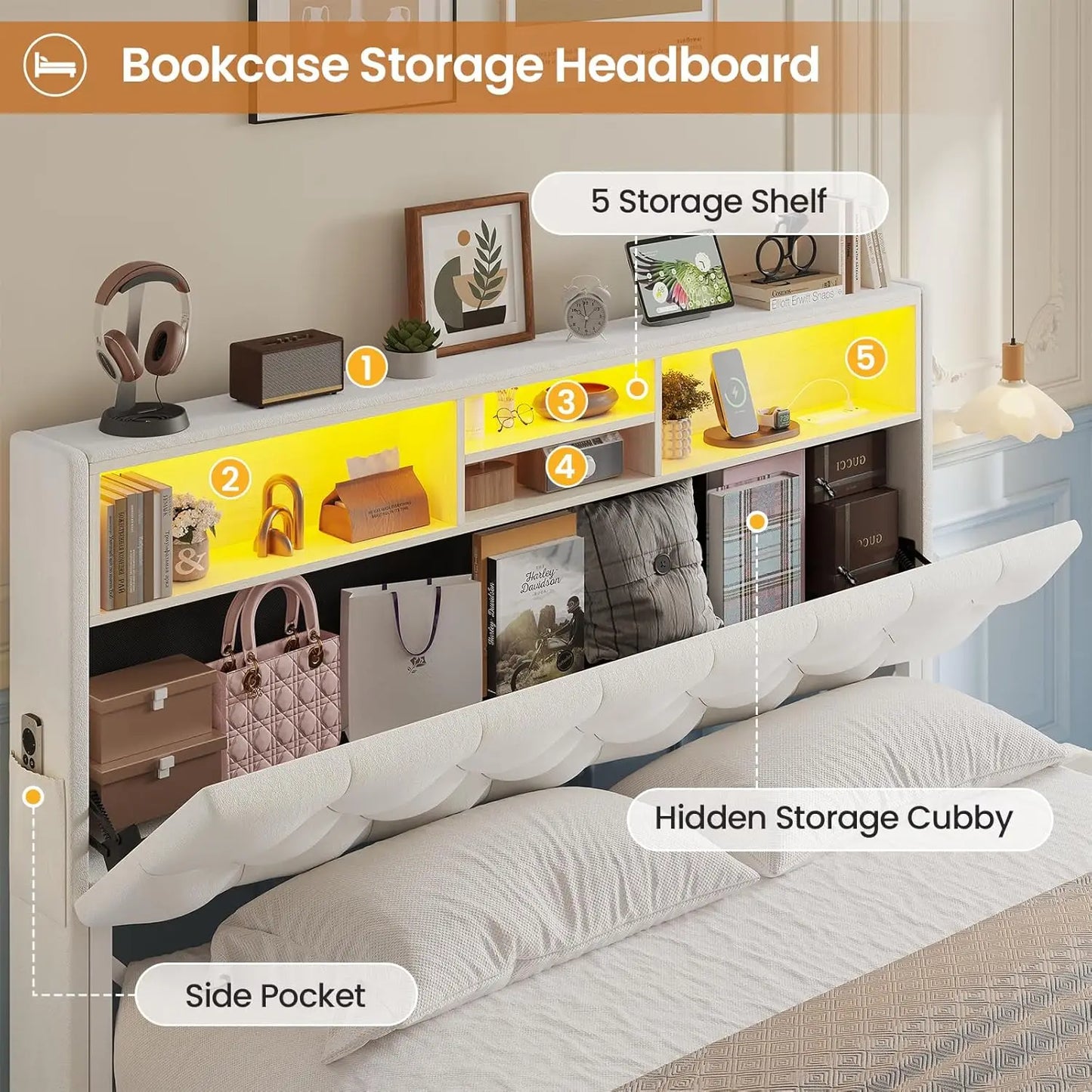 Velvet Platform Bed with LED Lights, Storage Drawers, and Charging Station in Creamy White