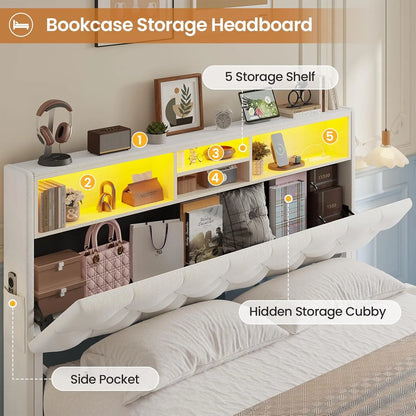 Velvet Platform Bed with LED Lights, Storage Drawers, and Charging Station in Creamy White