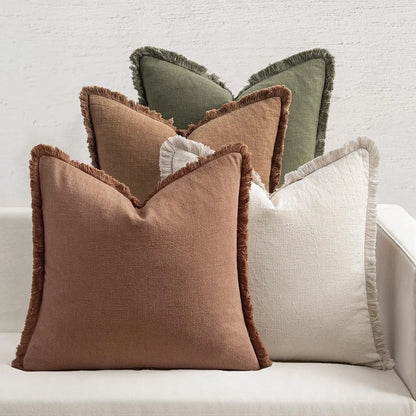 Set of 4 Neutral Linen Fringe Throw Pillows, Soft Rustic Cushions for Sofa