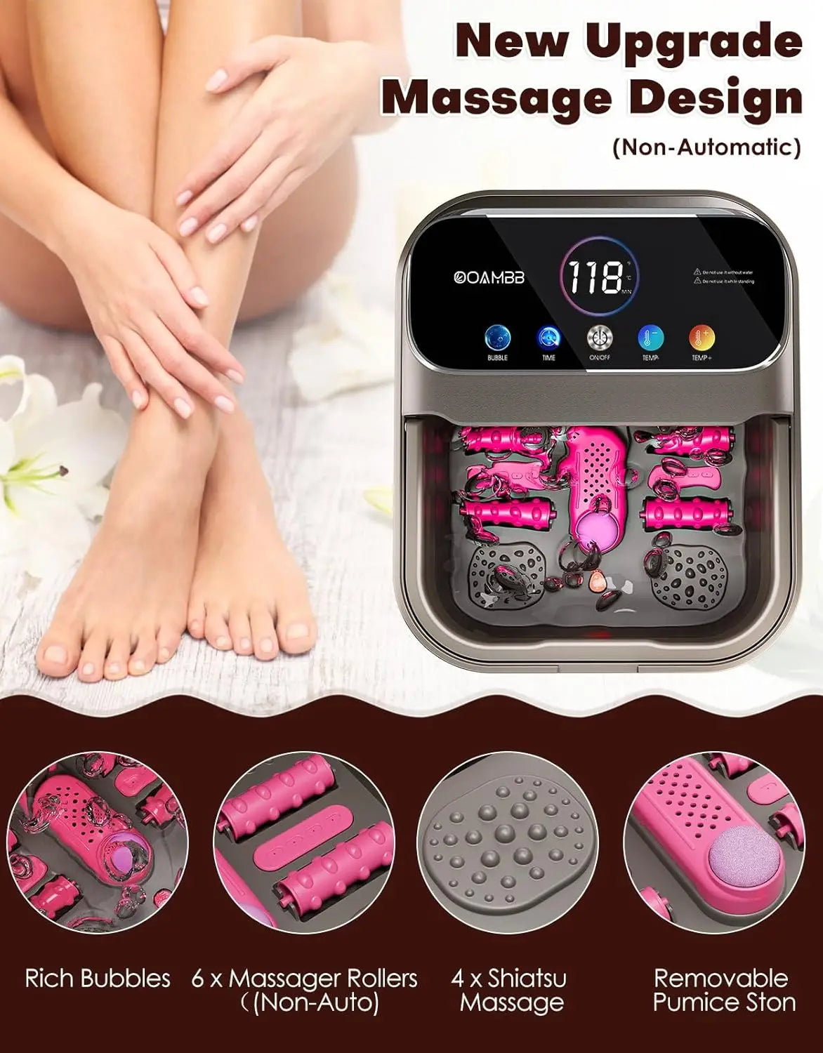 Collapsible Foot Spa with Heat, Bubbles, Temp Control, Remote & Touch Screen - 6 Massage Rollers for Stress Relief (Deep Grey)