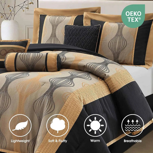 King Comforter Set, Black Gold, 7 Pieces Bed in a Bag, Ultra Soft Jacquard with Solid Piecework