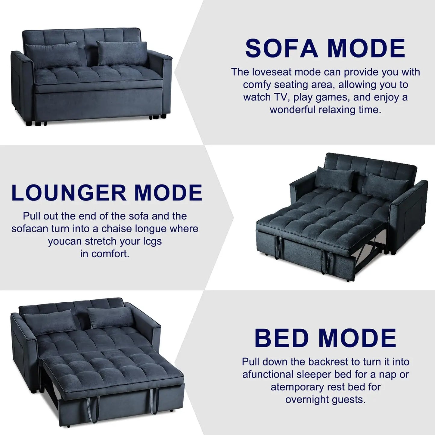 3-in-1 Convertible Sleeper Sofa Bed Adjustable Velvet Pull Out Loveseat Side Pocket Living Room Black Customized